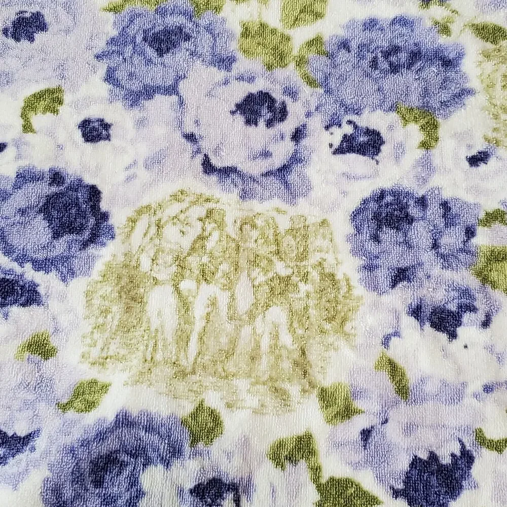 Vintage Fieldcrest Bath Towel Floral White Purple Green Toile Retro 24x46 USA